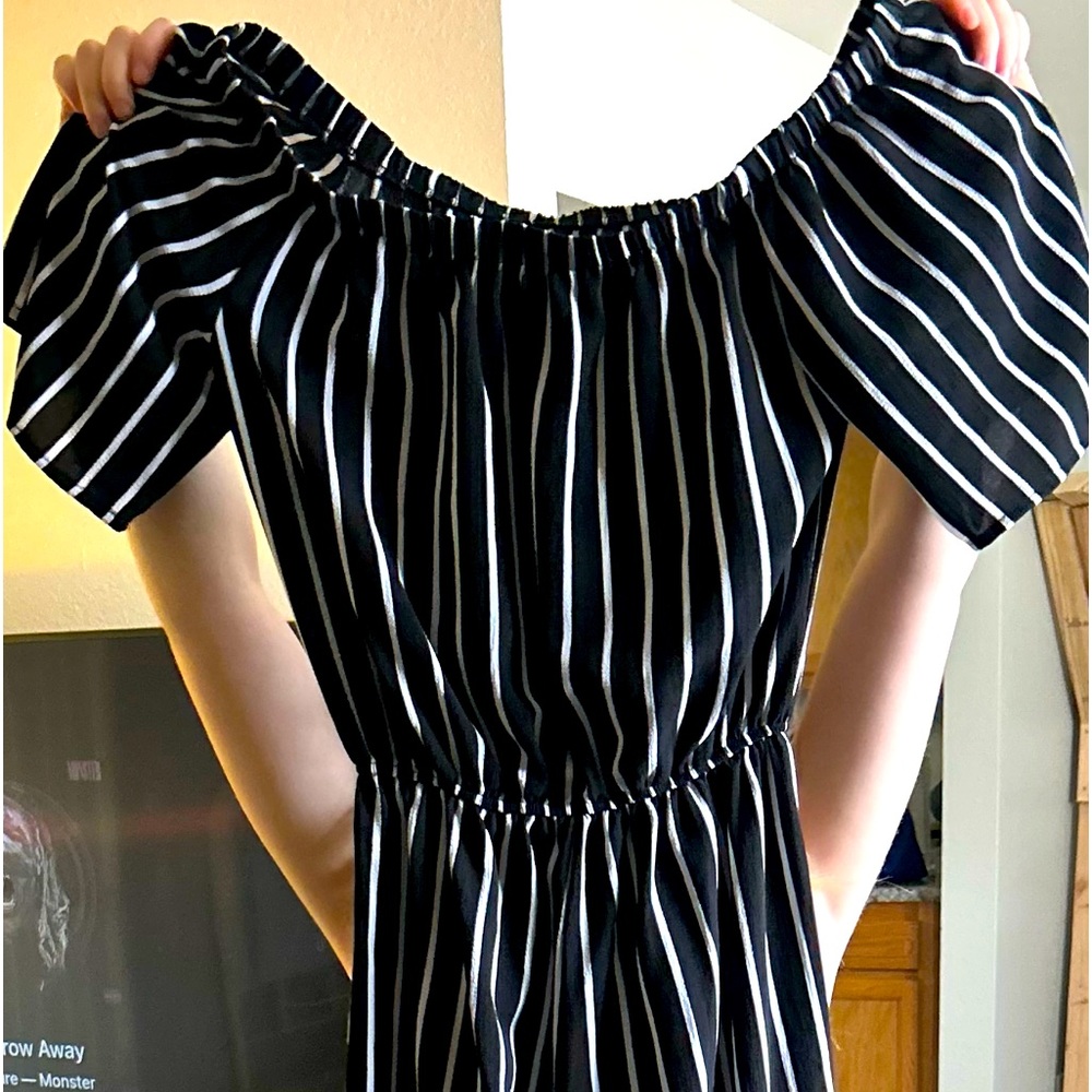 Black and white striped over the shoulder jumpsuit